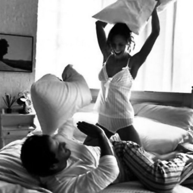 Couple pillow fight