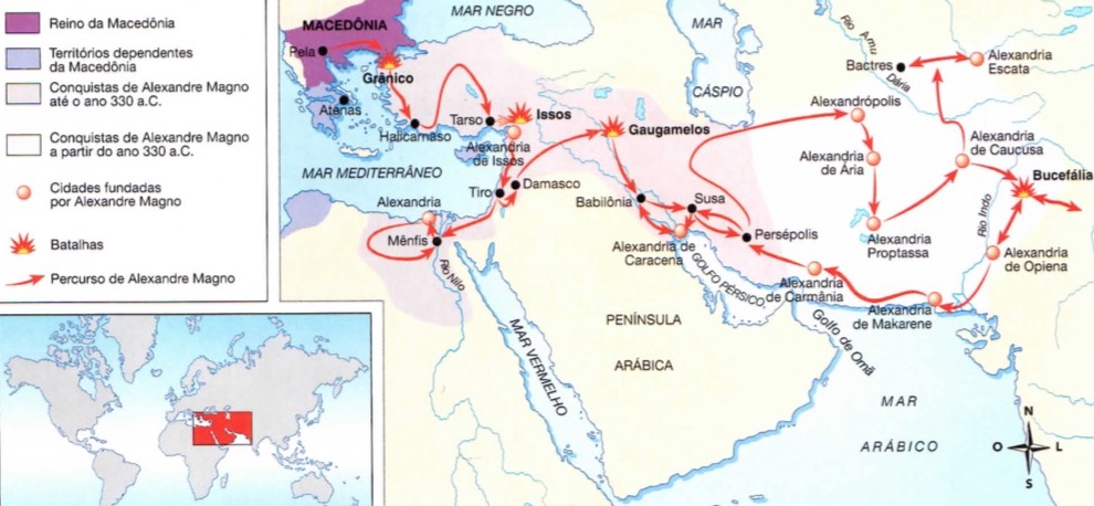 Mapa do império de Alexandre, o Grande.