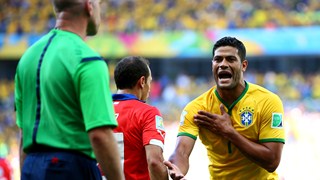Hulk of Brazil appeals to assistant referee Michael Mullarkey for the disallowed goal