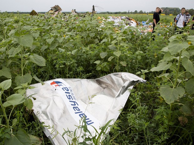 Destroços do avião da Malaysia que caiu na quinta (17) continam no local da queda na Ucrânia (Foto: Dmitry Lovetsky/AP)
